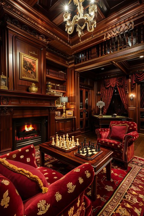 Old magic meets new style! A muggle's touch on a classic Gryffindor themed living room! Luxurious with – gold, crimson red, lions, and chess! Red And Gold Room, Gryffindor Room, Brooklyn Library, Gatsby House, Old Mansions Interior, Living Room Luxurious, Classic House Interior Design, Old Magic, Themed Living Room