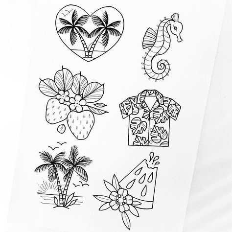 Tropical Flash Tattoo, Hawaii Flash Tattoo, Hawaii Stamp Tattoo, Summer Flash Tattoo, Tropical Tattoo Ideas, Small Tropical Tattoo, Tropical Tattoos For Women, Hawaiian Shirt Tattoo, Hawaiian Tattoos For Women