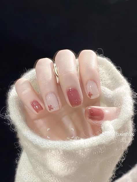 Fully Painted Nails, Valentines Nails Minimalist, Nude Pink Short Nails, Gel Builder Nails Short, Korean Aesthetic Nails, Cherry Inspired Nails, Short Unique Nails, Shoujo Nails, Korean Nails Simple