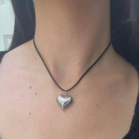 Metal Heart Necklace, Silver Heart Pendant Necklace, Chunky Heart Necklace, String Heart, Suede Cord Necklace, Necklace String, Puffy Heart Necklace, Heart Necklace Silver, Heart Choker Necklace