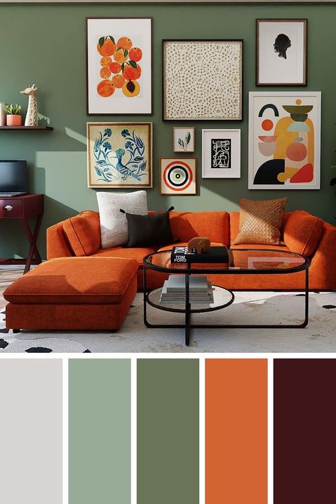 Paint Colour Combination, Room Colour Design, Green Color Palette Living Room, Colour Combination For Bedroom, Home Colour Design, Mustard Living Rooms, Living Room Decor Orange, Burnt Orange Living Room, Green Sofa Living