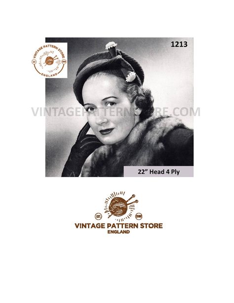 Ladies 1950s, reshapeable beret hat cap with trim in 4 ply - 22" Head Size - Vintage PDF Knitting Pattern 1213 1950s Crochet, Pillbox Hat, Vintage Hats, Pattern Store, Pdf Knitting Pattern, 50s Vintage, Crochet Clothes Patterns, Cloche Hat, Headband Styles