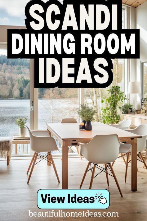 scandi dining room ideas. image shows a light and airy scandi style dining room with views of the lake. it includes a small natural wood dining table with white chairs, a variety of potted plants and floor to ceiling windows Nature Dining Room, Cosy Dining Room Ideas, Scandinavian Dining Room Ideas, Scandinavian Dining Room Decor, Dining Area Ideas, Cosy Dining Room, Scandi Dining Room, Dining Room Trends, Nordic Dining Room