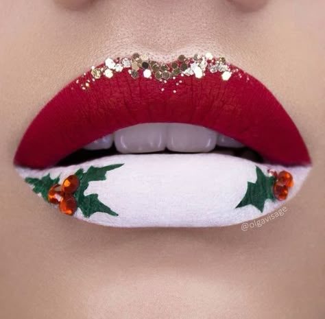 Christmas Lips, Abstract Lips, Holiday Eye Makeup, Cosmetic Inspiration, Gold Glitter Christmas, Christmas Eye Makeup, Holiday Lip, Lip Art Makeup, Read My Lips