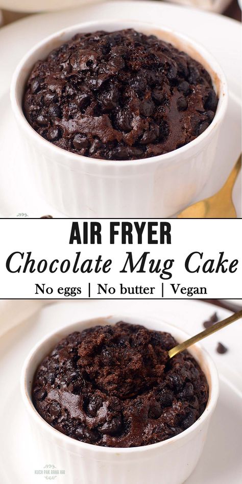 Air fryer Mug Cake (no egg) One Person Air Fryer Desserts, Mug Cake Recipe Air Fryer, 3 Ingredient Air Fryer Desserts, Mug Cakes No Egg, Easy Chocolate Mug Cake Microwave, Air Fryer Cake For One, Easy No Egg Dessert Recipes, Air Fryer Cake In A Cup, Microwave Mud Cake