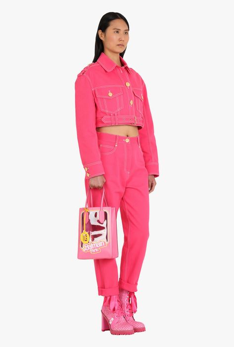 Balmain x Barbie Pink Calfskin Folded Shopping Bag for Women - Balmain.com Balmain X Barbie, Balmain Barbie, Bougie Closet, Folding Shopping Bags, Bag Collection, Bag For Women, Small Bags, Leather Handle, Shoulder Bag Women