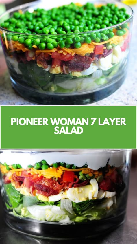 This easy Pioneer Woman 7-Layer Salad is a quick and nutritious dish perfect for any occasion. With creamy dressing, crispy bacon, and fresh veggies, it’s a crowd-pleaser that can be customized with common ingredients. A simple yet flavorful way to elevate your meal! 7 Layer Salad Pioneer Woman, Pioneer Woman Layered Salad, 7 Layer Salad For A Crowd, Pea Layered Salad, Epiphany Party, Salad Recipes For A Crowd, Layered Salad With Peas, Salads For Parties, 7 Layer Salad Recipe