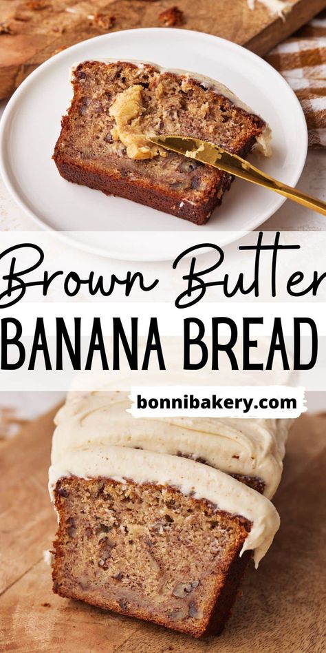 This delicious banana bread recipe is made with brown butter which gives it an incredible nutty flavor. It's also filled with pecans and topped with a browned butter cream cheese frosting - the ultimate indulgent banana bread treat! Perfect for fall baking using up bananas, this twist on a classic loaf cake recipe is easy to make and great for breakfast, dessert or a snack. #bananabread #brownbutterrecipe #brownbutter #brownbuttercreamcheese #banananutbread #bananarecipes #fallbaking #breakfast Brown Butter Banana Bread, Butter Banana Bread, Delicious Banana Bread Recipe, Delicious Banana Bread, Butter Cream Cheese Frosting, Loaf Cake Recipes, Fall Baking Recipes, Browned Butter, Banana Nut Bread