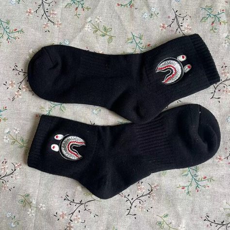 Bape Ape Head Embroidered Socks Bape Ape, Shark Socks, Bape Black, Bape Shark, Embroidered Socks, Athletic Socks, Polyester Spandex, Cute Outfits, Socks