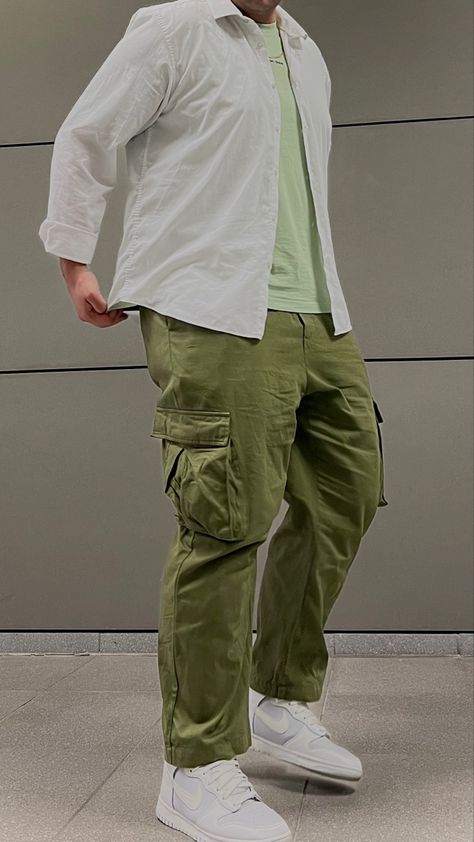 Aesthetic boy outfit for summer and spring in green Green Shirt Outfit Men Aesthetic, Green Inspired Outfits Men, Olive Green Cargo Outfit Men, Light Green Men Outfit, Pastel Green Outfit Men, Green Monochrome Outfit Men, Olive Green And Red Outfit, Green And Brown Outfit Men, Olive Green Outfit Men