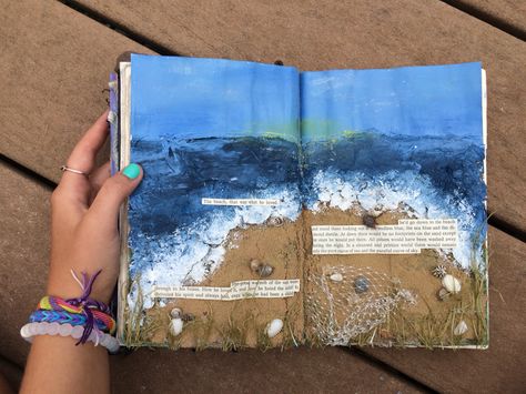 Beach inspired page created using acrylic paint, tissue paper, and sand Gcse Art Sketchbook Beach, Beach Journal Pages, Beach Junk Journal, Beach Journal Ideas, Environmental Zine, Izzie Core, Fabric Experimentation, Beach Sketchbook, Ocean Scrapbook