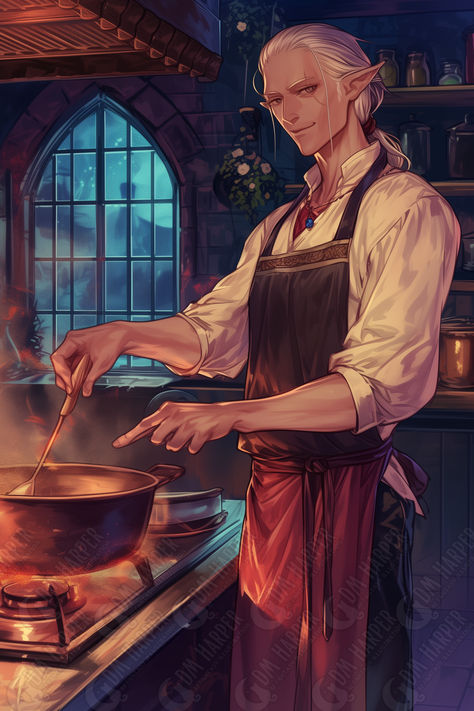 Quillo Xindos, Astral Elf sous chef Dnd Doctor, Dnd Gambler, Dnd Cook, Dnd Blacksmith, Fantasy Chef, Tavern Keeper, Astral Elf, Chef Aesthetic, Female Bartender