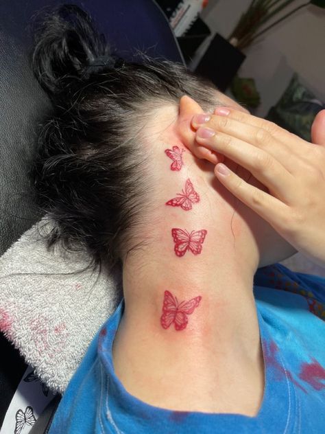 Red Butterfly Flower Tattoo, Back Of Neck Butterfly Tattoo, Butterfly Tattoo Neck For Women, Red Butterfly Tattoo On Neck, Red Butterfly Neck Tattoo, Butterfly Neck Tattoos Women, Neck Tats Women, Red Neck Tattoos, Butterfly Tattoo On Neck