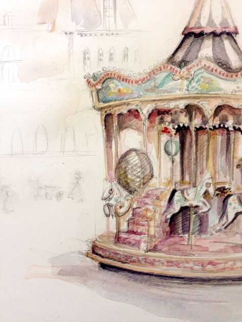 Watercolor carousel pic---use for decor/food labels Paper Fashion, Merry Go Round, Carousel Horses, Arte Sketchbook, Art Journals, Amusement Park, Art Vintage, Carousel, Circus