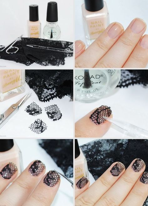 Black Lace Nail Art. This is such a easy and fun mani! Must try. Step By Step Nail Art, Lace Nail Art, Nail Art Tutorials, Pretty Toe Nails, Lace Nails, Lace Art, Super Nails, Diy Nail Art, Nails Black