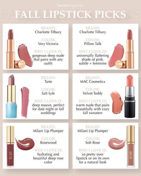 fall lipstick favorites - Lauren Kay Sims Lipsticks For Soft Autumn, Fall Wedding Lip Color, Lipstick For Neutral Skin Tone, Neutral Lipstick For Fair Skin, Fall Lipstick Colors 2022, Fall Makeup Products, Best Neutral Lipstick, Fall Lip Combo, Winter Lipstick Colors