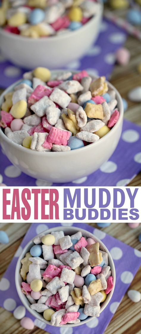 These Easter Muddy Buddies are perfect for an Easter snack or Easter dessert - this recipe will quickly become one of your favourite puppy chow recipes! Easter Muddy Buddies, Easter Snack, Puppy Chow Recipes, Easter Snacks, Easter Sweets, Muddy Buddies, Easter Desserts Recipes, Easter Goodies, Puppy Chow