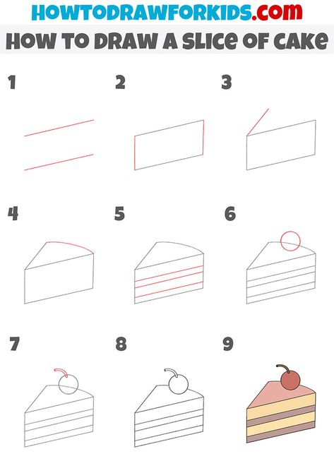 A Piece Of Cake Drawing, How To Draw Cake Slice, How To Draw Cake Digital, Cake Slice Doodle, Slice Of Cake Painting, How To Draw A Slice Of Cake, Cake Drawing Tutorial, Cute Cake Drawing Easy, How To Draw Desserts Step By Step