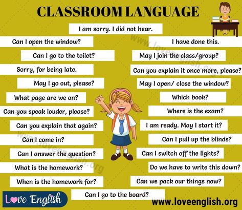 Classroom Language: 29 Useful Classroom English Expressions for ESL Students - Love English Classroom English, English Conversation For Kids, English For Students, English Conversation Learning, English Expressions, English Activities For Kids, English Conversation, English Language Learning Grammar, Learning English For Kids