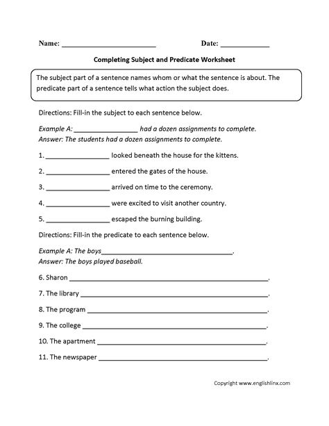 Subject and Predicate Worksheets | Completing Subject and Predicate Worksheet Subject And Predicate Worksheet 3rd Grade, Subject Predicate Worksheet 3rd Grade, Subject Predicate, Subject And Predicate Worksheet Class 5, Teaching Subject And Predicate, Complete Predicate, Simple Predicate, Third Grade Grammar Worksheets, Complete Subject And Predicate