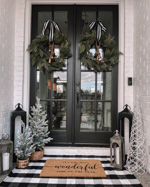 Black Front Door Christmas Decor, Holiday Front Porch, Toddler Gift Guide, Slim Artificial Christmas Trees, Front Door Christmas Decorations, Black Front Doors, Christmas Doormat, Christmas Front Porch, Christmas Tabletop