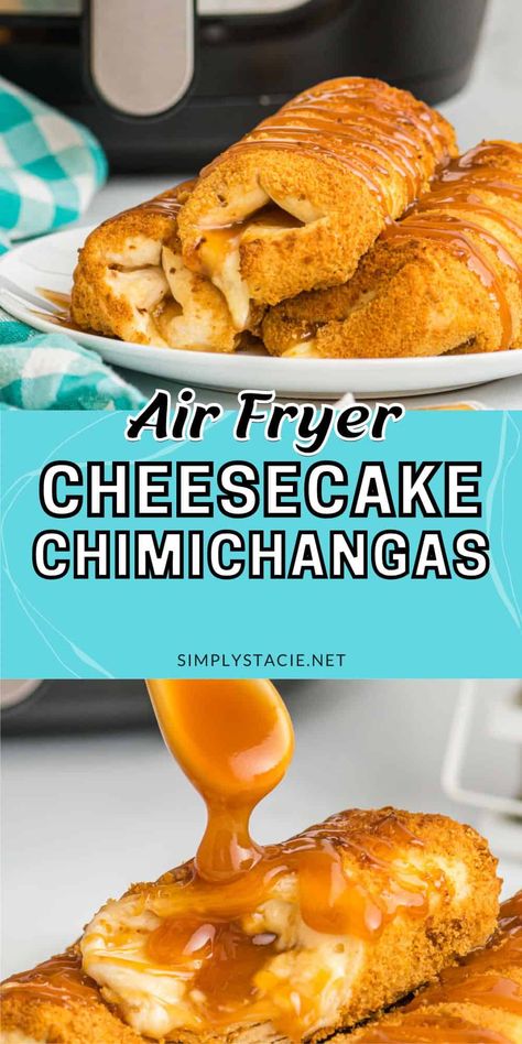 Air Fryer Caramel Cheesecake Chimichangas This dessert burrito is filled with creamy cheesecake filling and gooey caramel sauce. It's air fried to golden crispy perfection and covered in a mixture of cinnamon sugar and graham cracker crumbs. Dessert Chimichanga Recipe, Dessert Quesadilla Recipes, Cheesecake Chimichangas Recipe, Air Fryer Cheesecake, Dessert Quesadilla, Cheesecake Chimichangas, Caramel Cheesecake Bites, Strawberry Cheesecake Chimichangas, Fried Cheesecake