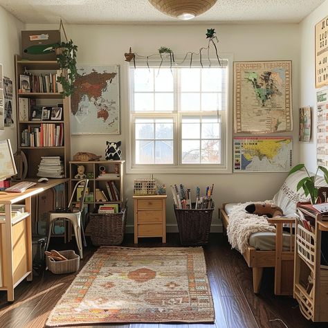 7 Innovative Homeschool Room Ideas for Small Spaces - Lainey May Home Homeschool Room Ideas Aesthetic, Sewing Room Setup, Homeschool Room With Couch, Tiny Homeschool Room, Aesthetic Homeschool Room, Homeschool Room Ideas Small Spaces, Cottagecore Homeschool Room, Homeschool Small Space Ideas, Home Library Office Ideas