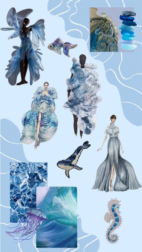 Theme Based Garment For Portfolio, Sea Inspired Fashion Illustration, Water Inspired Fashion Illustration, Ocean Moodboard, Sea Inspired Fashion, Water Fashion, Avant Garde Dresses, Abstract Fashion, Fashion Design Collection