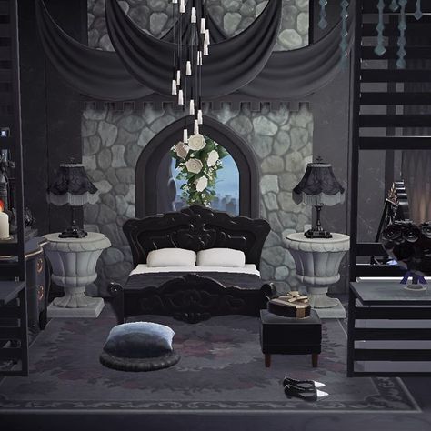 Michelle 👑 Animal Crossing Creator on Instagram: "🖤The Queen’s Sanctuary🖤  #acnhinteriordesign #acnhinteriors #acnhinterior #acnhbedroom #acnhdarkacademia #acnhelegantcore #queenschamber   Animal crossing ACNH interior bedroom style castle build elegant new horizons nintendo mom gamer explore cozy" Witchy Room Animal Crossing, Gothic House Animal Crossing, Goth House Animal Crossing, Acnh Gothic Room Ideas, Acnh House Exterior Ideas Goth, Acnh Castle Interior, Acnh Goth Island Ideas, Acnh Ravenclaw, Goth Island Animal Crossing