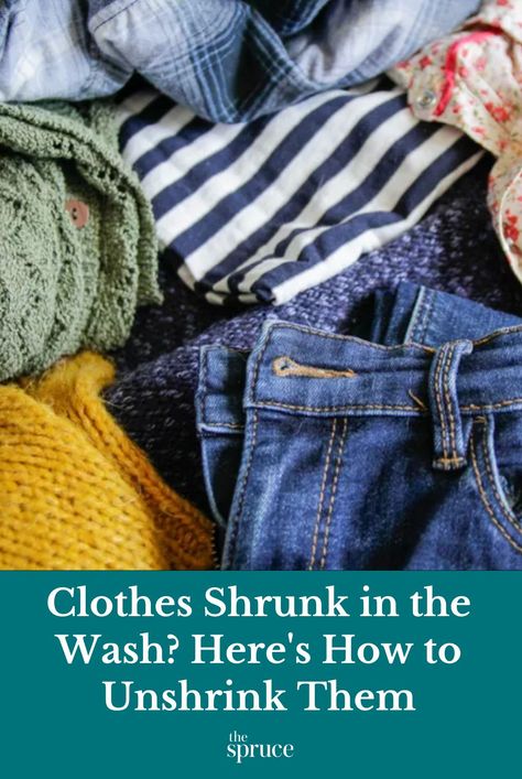 No one likes to pull their favorite garment from the washer or dryer and find it smaller than before. Learn how to unshrink clothes to their true size. #laundrycareguide #cleanhouse #cleaningguide #cleaninghacks #stepbystepcleaning #thespruce How To Unshrink Your Clothes, Unshrinking Clothes, How To Unshrink Clothes, Knitting Blocking, Liquid Fabric Softener, Pant Hangers, How To Make Clothes, Diy Cleaning Products, Clean Laundry