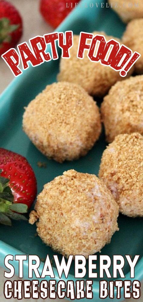 Strawberry Cheesecake Bites Recipe - Life Love Liz No Bake Cheesecake Bites Easy, Strawberry Cream Cheese Bites, Eggless Meals, Strawberry Cheesecake Bites Recipe, Cheesecake Bites No Bake, Breakfast Dessert Recipes, Cheesecake Balls, Strawberry Cheesecake Bites, Cheesecake Truffles