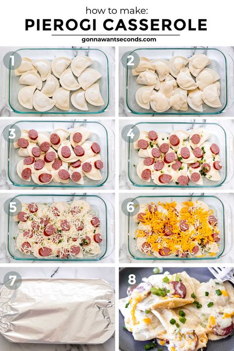 This pierogi casserole has become a huge family favorite. Layers of cheese pierogi are layered with Alfredo sauce, sliced green onions, and sliced sausage! #dinnercasseroles #pierogi Recipe With Pierogi, Pillsbury Pierogi Casserole, Cheesy Pierogi Casserole, Recipes With Pierogies Dinners, Pierogi Casserole Baked, Pierogi Sausage Casserole, Keilbasa Perogie Casserole, Perogies And Kielbasa Sheet Pan, Perogie And Sausage Dinner Ideas