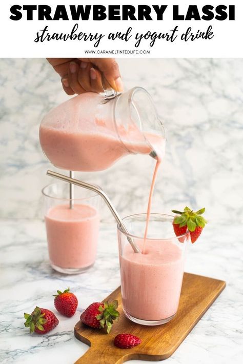 Here's how to make ice-cold strawberry lassi, the perfect summer refresher! A drink for kids and adults alike. Made with fresh strawberries and yogurt. #strawberry #lassi #drink #yogurtdrink #yogurt #yoghurt #strawberrydrink #summerdrink Indian Recipes For Kids, Low Calorie Vegetarian Recipes, Strawberry Lassi, Yogurt Strawberry, Drink For Summer, Summer Vegetarian Recipes, Vegetarian Slow Cooker Recipes, Yogurt Drink, Fun Summer Drinks