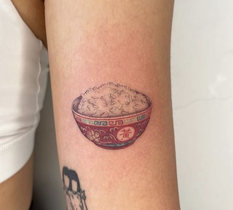 Rice Tattoo, Bowl Tattoo, Small Japanese Tattoo, Contemporary Tattoo, F Tattoo, Bowl Of Rice, Food Tattoos, Prison Tattoos, Dot Tattoos