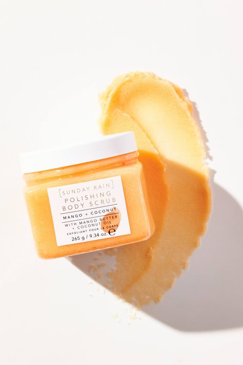 Sunday Rain Body Scrub, Body Scrub Product Photography, Body Scrub Photography, Scrub Photography, Mango Body Scrub, Tropical Scents, Rain Drawing, Coconut Body Scrub, Sunday Rain