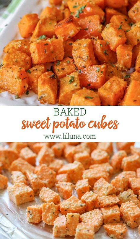 Baked Sweet Potato Cubes, Parmesan Sweet Potatoes, Sweet Potato Cubes, Roasted Sweet Potato Cubes, Oven Roasted Green Beans, Potato Cubes, Sweet Potato Side Dish, Sweet Potato Sides, Twice Baked Sweet Potatoes