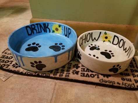 Painted Dog Bowls by M.Daly Paint Pottery Dog Bowl, Pottery Dog Bowl Ideas, Dog Bowl Painting Ideas, Dog Bowl Pottery Painting, Ceramic Dog Bowl Painting Ideas, Pottery Painting Dog Bowl, Painted Dog Bowl, Dog Bowls Diy, Dogs Bowls