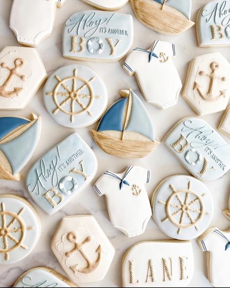 Sailboat Cookies Decorated, Boat Baby Shower Ideas, Nautical Baby Shower Cookies, Sailboat Baby Shower Theme, Boat Theme Party, Boat Cookies, Sailboat Cookies, Cookie Themes, Nautical Cookies