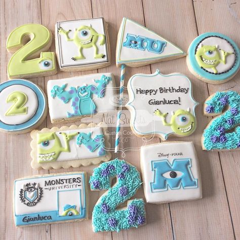 Monster University cookies! #monsterinc #monsteruniversity #disneymonsterinc #monsterinccookies #monsterincparty #events #desserts #natsweets #customcookies #natsweets #sandiego #cookies #cookieart #charactercookies Monsters University Cookies, Monsters Inc Cookies, Royal Icing Ideas, Monster Ink, Boys 2nd Birthday, Boo Party, Flood Icing, Monsters Inc Party, Royal Icing Sugar Cookies