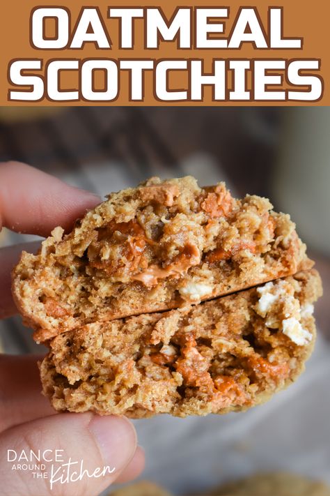 Oatmeal Scotchies are chewy cookies full of oatmeal, peanut butter, brown sugar, a hint of cinnamon and studded with butterscotch and white chocolate chips!  #OatmealScotchies #Cookies #Butterscotch Butterscotch Oatmeal Cookies, Butterscotch Oatmeal, Oatmeal Butterscotch, Oats Cookies, Dance Around The Kitchen, Oatmeal Scotchies, Oatmeal Butterscotch Cookies, The Best Oatmeal, Butterscotch Cookies