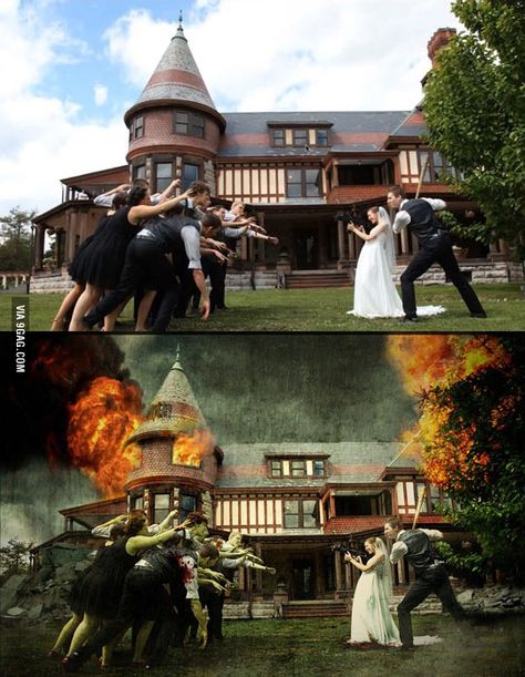 Apocalypse Wedding, Creative Wedding Pictures, Zombie Wedding, Black Zombie, Funny Photoshop, Wedding Party Photos, Wedding Engagement Photos, Disney Wedding, Halloween Wedding