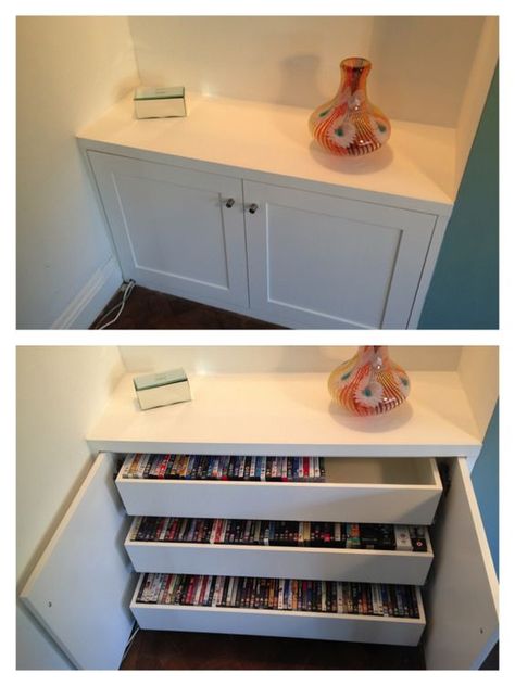 Dvd Storage Ideas, Dvd Storage Cabinet, Alcove Storage, Alcove Cabinets, Cd Storage, Dvd Storage, Home Organisation, Living Room Storage, Front Room