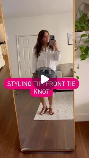 Shreya Gupta on Instagram: "Styling tip- how to get that front tie knot look without actually tying your shirt into a knot! This creates a more effortless, and cleaner look, and doesn’t wrinkle your shirt as much. Try it and let me know what you think 🥰

#petitefashion #petiteblogger #stylingtips #stylingtipsandtricks #fronttietop #fashionreels #stylingreels #fashionblogger #bayareafashionblogger" Knot Shirt Outfit, Shreya Gupta, Petite Bloggers, Knot Shirt, Front Tie Top, Tie Knots, Petite Fashion, What You Think, Try It