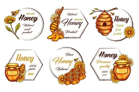 Bee Frame, Honey Labels, Honey Label Design, Honey Art, Herb Labels, Bee And Flower, Honey Label, Vintage Frames Vector, Honey Brand