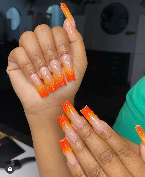 Virgo Nails, Turquoise Acrylic Nails, Teal Acrylic Nails, Short Coffin Nails Designs, Orange Acrylic Nails, Acrylic Nails Nude, Orange Nail Designs, Abstract Nail, Teal Nails