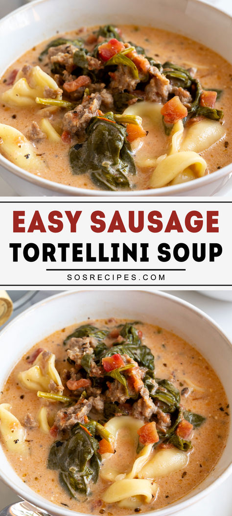 Slow Cooker Sausage and Tortellini Soup This is one of my family’s favorite soups, and one of mine too because it is very easy to make. This easy recipe will become a family favorite. Enjoy a bowl of deliciousness that’s ready when you are! #SlowCookerSoup #SausageAndTortellini #ComfortFood #EasyRecipes #HeartySoup #DinnerIdeas #OnePotMeal #FamilyFriendly #HealthyEating #FoodieFavorites Sausage Soup Tortellini, Crockpot Tortellini Soup With Sausage, Italian Sausage Spinach Soup, Slow Cooker Sausage Soup, Sausage Tortellini Soup Easy, Spicy Sausage Tortellini Soup, Tortellini Italian Sausage Soup, Tortellini Sausage Spinach Soup, Tortellini Sausage Recipes