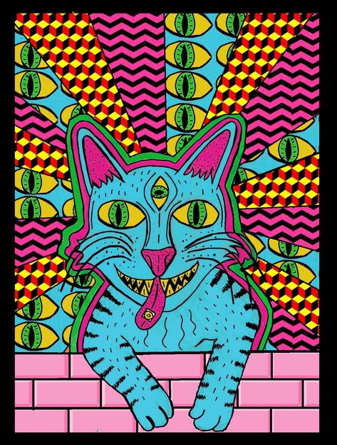 Trippy Cat Wallpaper, Trippy Cat Drawing, Trippy Animal Art, Trippy Cat Painting, Trippy Cat Art, Trippy Background Drawing, Cat Pen Drawing, Trippy Pfp, Trippy Background