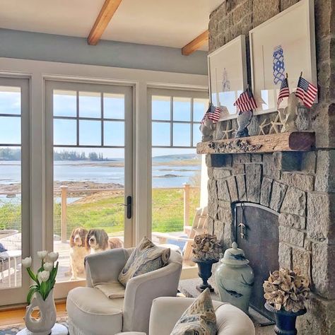 Home tour! This waterview house in Maine is overflowing with antique charm, flea market finds and unique decorator touches. Decor inspiration with vintage repurposed and upcycled pieces galore! Maine Style, Summer Living Room, Maine Cottage, Coastal Maine, Maine Coast, Interior Design Work, Guest Cottage, Cottage Interiors, Coastal Cottage