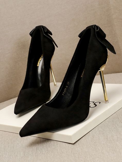 Black Elegant    Plain Court Pumps Embellished   Women Shoes Prom Shoes Pumps, Prom Shoes High Heels, Prom Shoes Black, Elegant Shoes Heels, Trendy Block Heels, High Heels For Prom, Hak Tinggi, Pretty Heels, Formal Heels