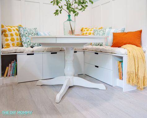 Build a Bench Seat for the Kitchen Table - DIY IKEA Hack | The DIY Mommy Build A Bench Seat, Ikea Breakfast Nook, Build A Bench, Small Breakfast Nook, Ikea Tv Stand, Dining Bench Seat, Diy Bench Seat, Ikea Nordli, Small Breakfast